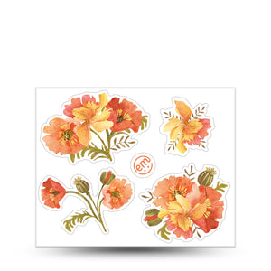 ExpressionMed, Peachy Blooms Decal Sticker Sheet, Orange Yellow Floral Themed Stickers