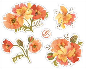 ExpressionMed, Peachy Blooms Decal Sticker Sheet, Orange Yellow Floral Themed Stickers