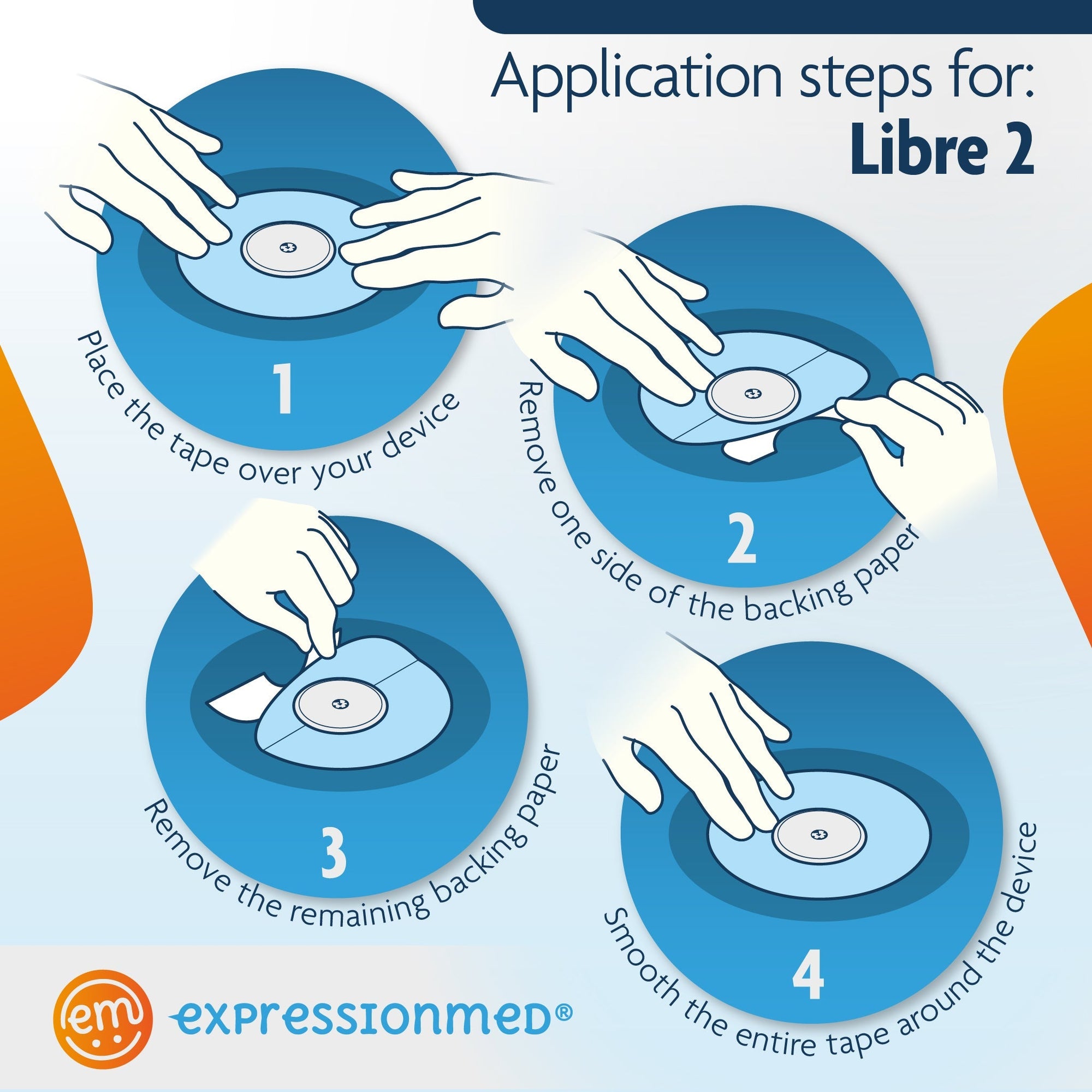 ExpressionMed Application InstructionsApplication Instructions 1. Remove one side of the backing paper. 2. Place the tape over your device. 3. Remove the remaining backing paper. 4. Smooth the entire tape around the device., Abbott Lingo