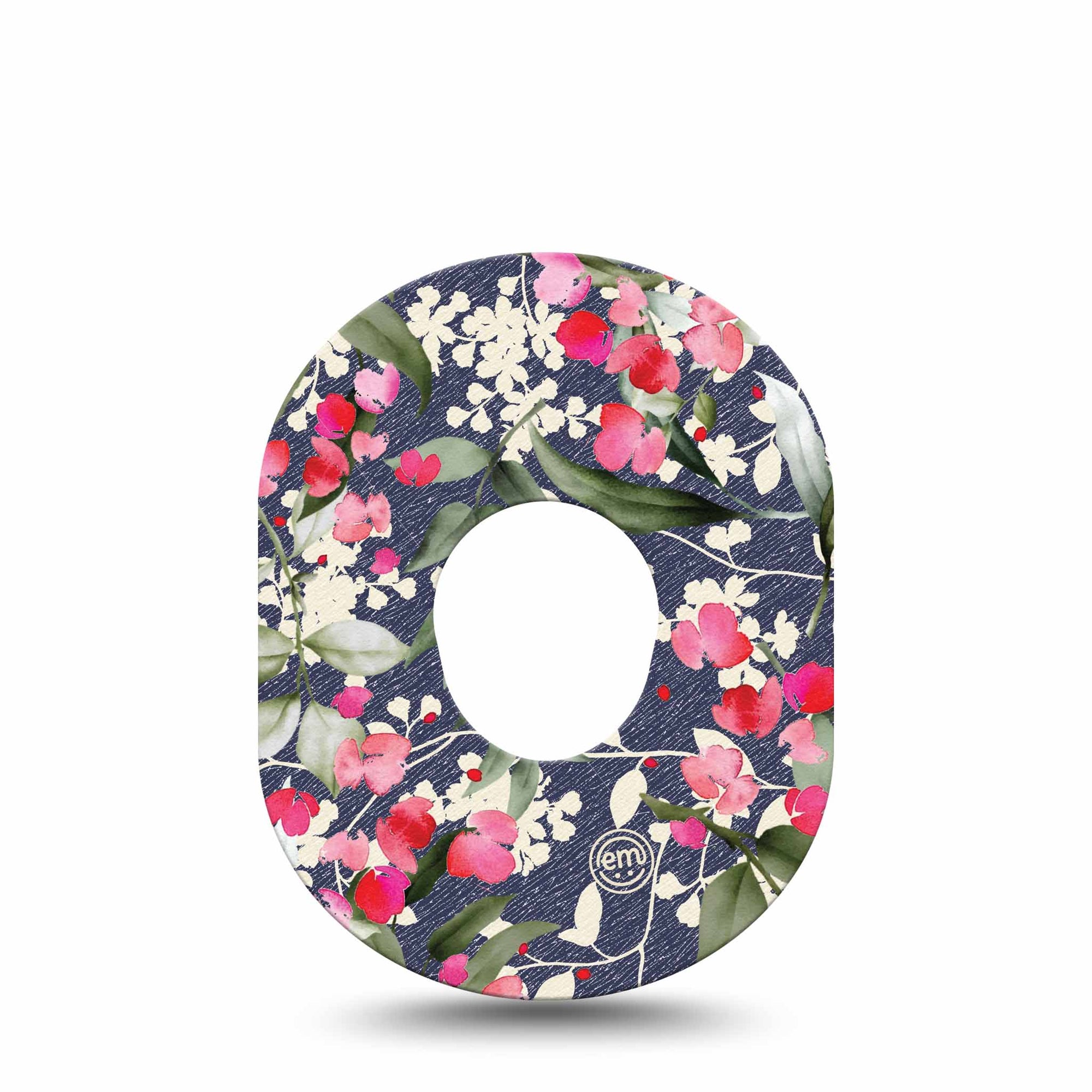 ExpressionMed Denim Flowers Dexcom G7 Tape Dainty white flowers and pink petals on dark denim background, CGM Patch Design, Dexcom Stelo Glucose Biosensor System