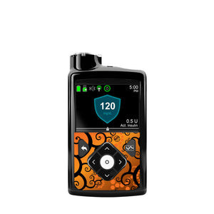 ExpressionMed Halloween Dreams MiniMed Pump Sticker Orange and Black Halloween Swirly design MiniMed Pump Device Sticker