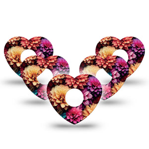 ExpressionMed Dahlia Bouquet Freestyle Libre 3 Heart Shape 5-Pack Unique Dahlia Flower Print Overlay Patch CGM Design