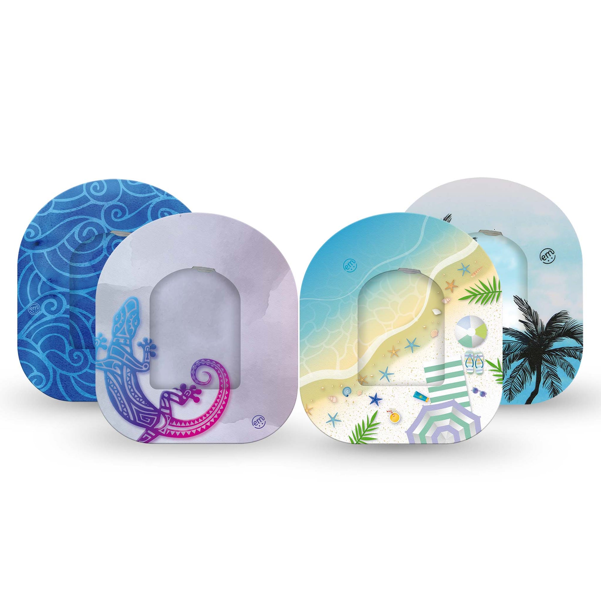 ExpressionMed Beach Time Variety Pack Omnipod Sticker 3-Pack Variety Beach Themed Variety of Fixing Ring Patch Design with Matching Seperate  Overlay Tape Continuous Glucose Monitor Design