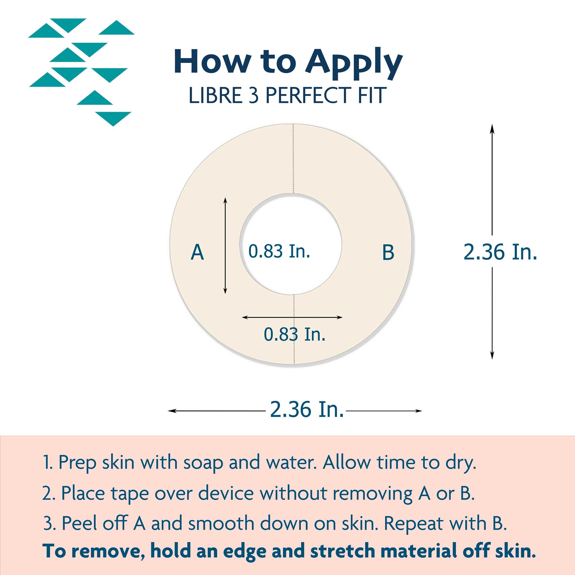 Libre 3 perfect Fit ADhesive Patch Application instructions and Dimensions