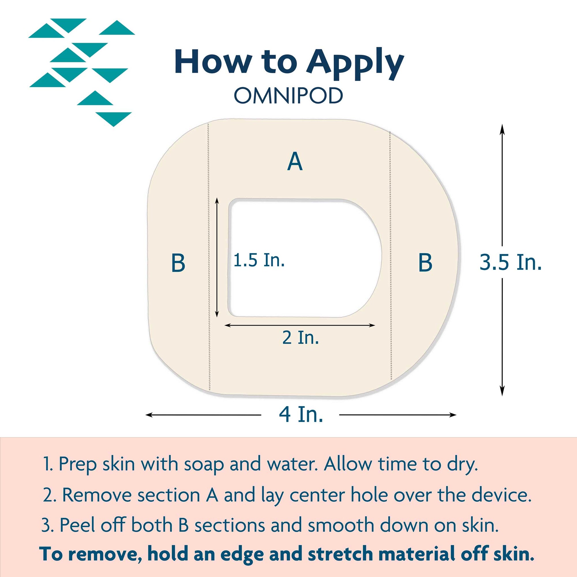 ExpressionMed Omnipod Adhesive Tape Application instructions and Dimensions