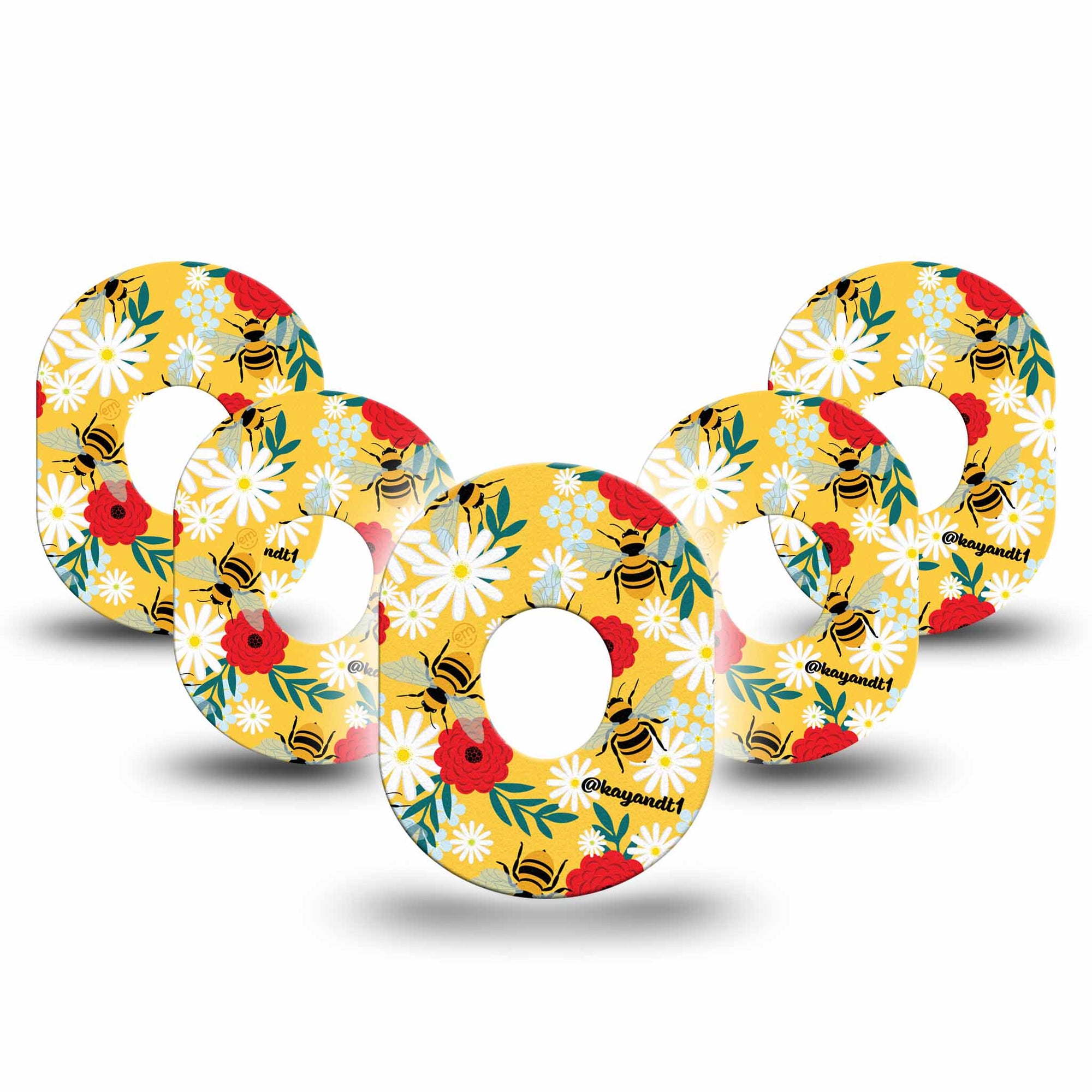 Bees and Flowers Dexcom G7 Tape, 5-Pack, Yellow Bumblebees and Flowers Adhesive Plaster Design