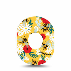Bees and Flowers Dexcom G7 Tape, Single, Yellow Bumblebees and Flowers, CGM Adhesive Patch Design