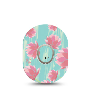 Meditation Lotus Dexcom G7 Transmitter Sticker, Single, aqua water vinyl G7 center sticker with matching pink lotus G7 adhesive tape