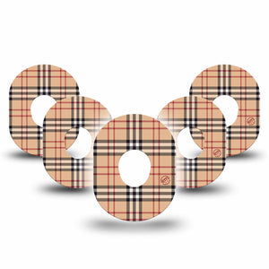 Plaid And Bougie Dexcom G7 Tape, 5-Pack, Cream Plaid Themed, CGM, Fixing Ring Patch Design