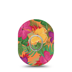 Bright Hibiscus Dexcom G7 Transmitter Sticker, Single, Orange and Pink Hibiscus G7 Center Vinyl Sticker with matching G7 Adhesive Fixing Ring Patch