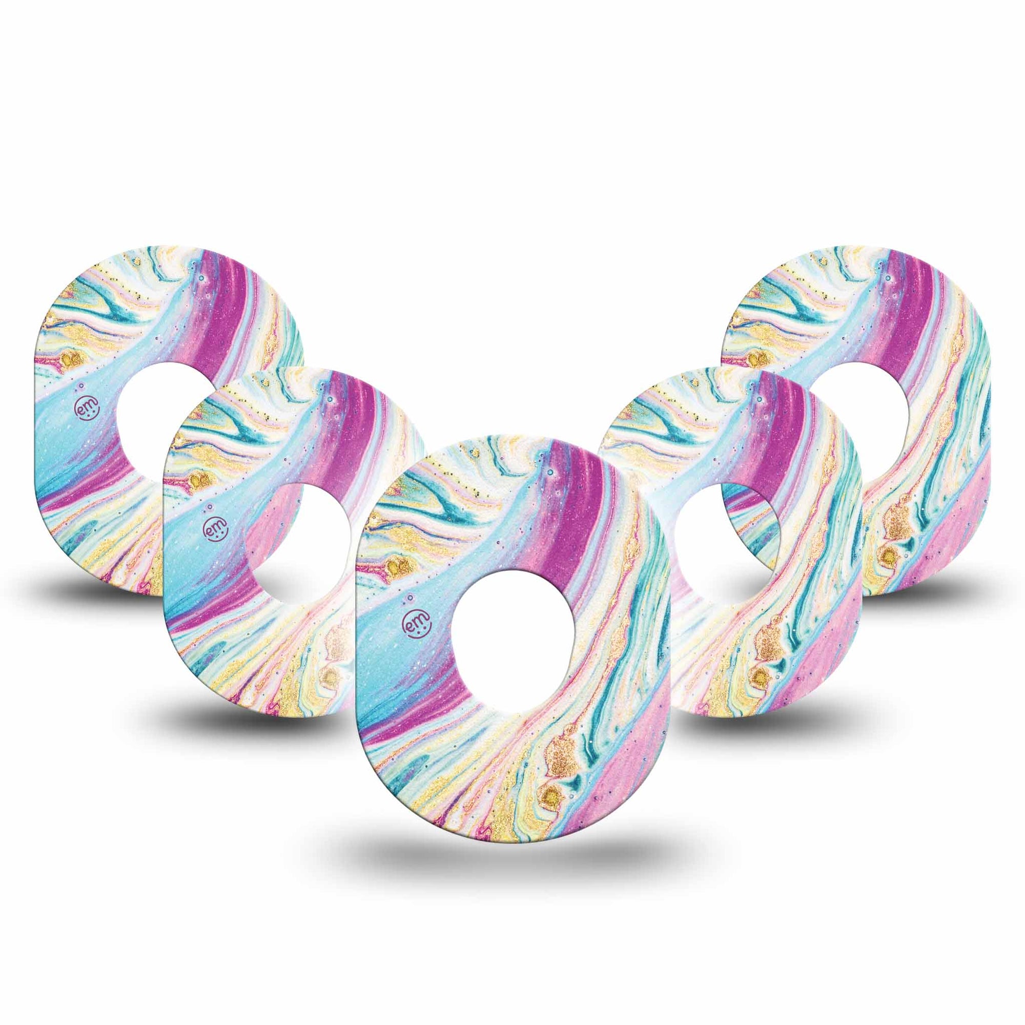 Shimmering Marble Dexcom G7 Tape, 5-Pack, Purple Gold and Blue Glittering Swirl Adhesive Overpatch Design