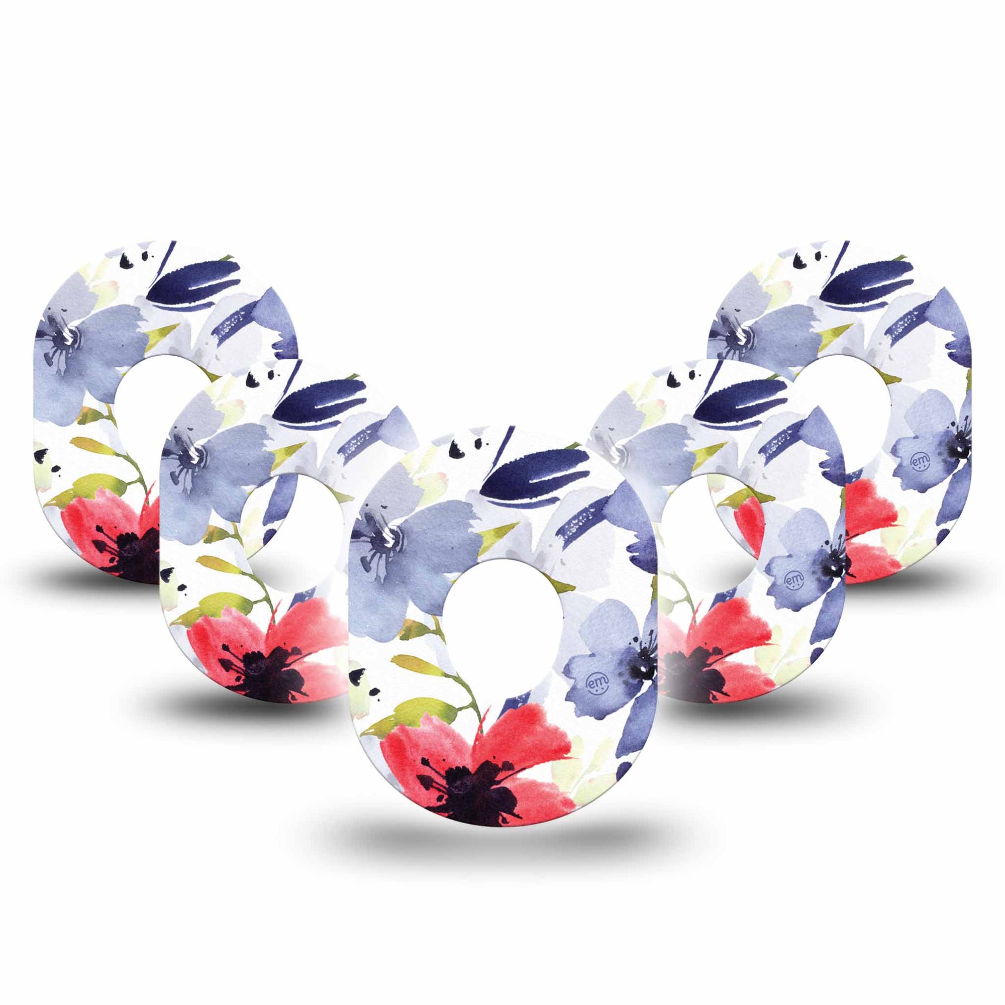 ExpressionMed Red White & Blue Flowers Dexcom G7 Tape, 5-Pack, Watercolored Florals Themed, CGM Patch Design, Dexcom Stelo Glucose Biosensor System