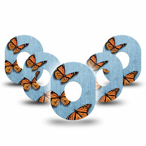 Denim & Monarchs Dexcom G7 Tape, 5-Pack, Jeans Insect Themed, CGM Overlay Patch Design