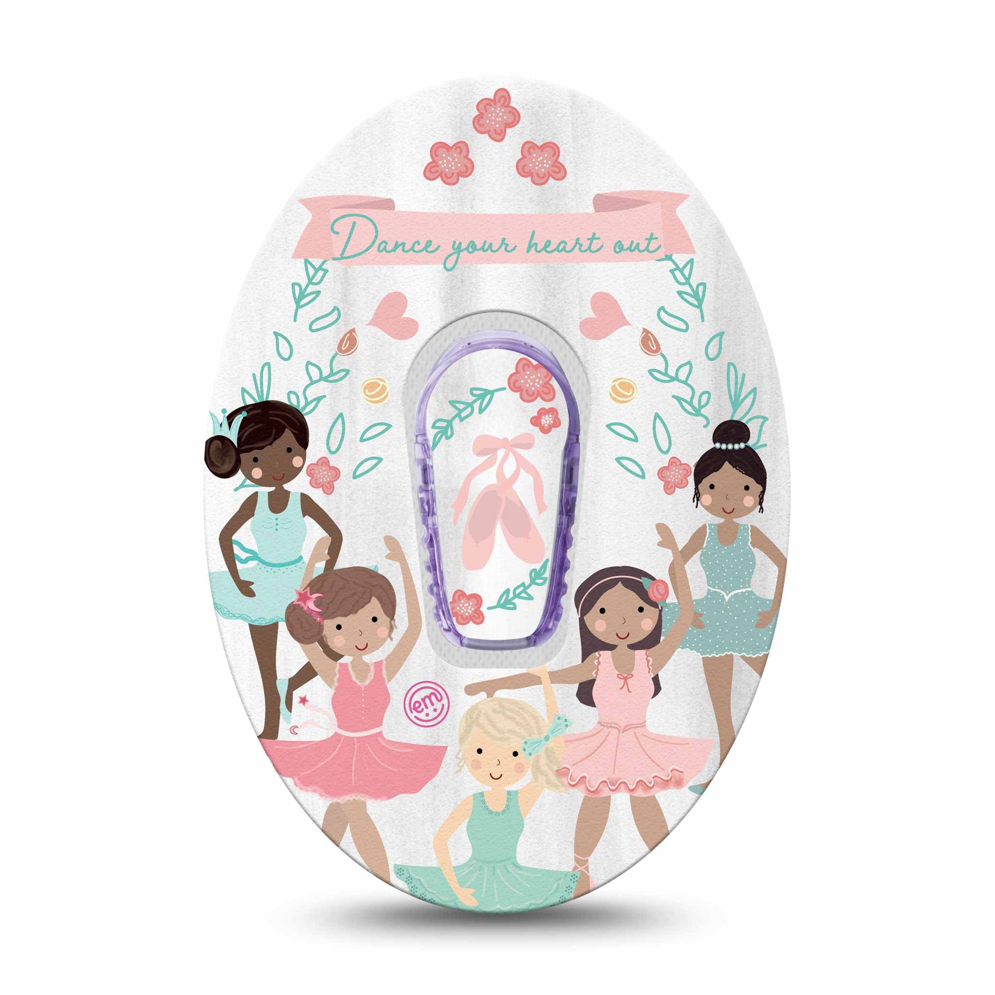 ExpressionMed Ballerinas Dexcom G6 Transmitter Sticker, Single Sticker Only, Pink Ballet Slippers themed CGM vinyl device center sticker design with matching Plaster Patch Tape