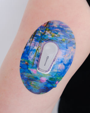 ExpressionMed Monet Water Lilies Dexcom G6 Tape, Single, G6 device human arm wearing classical art by Claude Monet themed CGM Patch design