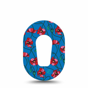 Art Deco Poppies Dexcom G6 Mini Adhesive Tape, Single, Red Floral CGM Patch Design