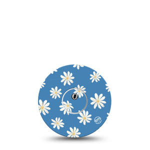 Printed Daisies Libre 3 Transmitter Sticker, Single, Blue Vinyl Sticker with White Daisies Libre 3 Transmitter Patch Design with matching Libre 3 Overlay Patch