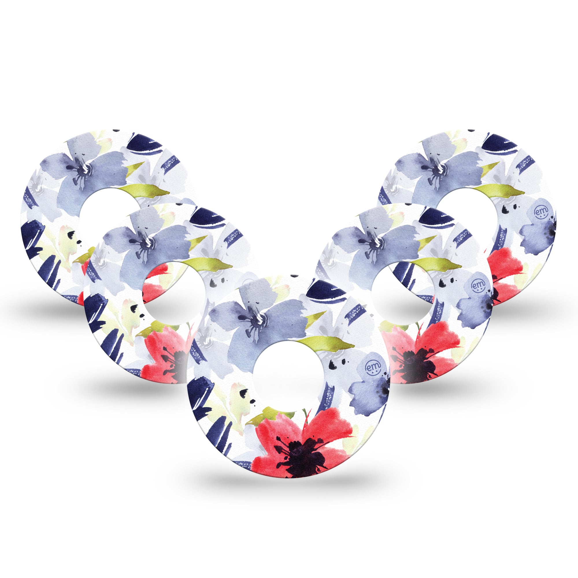 ExpressionMed Red White & Blue Flowers Libre 3 Tape 5-Pack, Bunch of Flowers Themed, CGM, Adhesive Patch Design