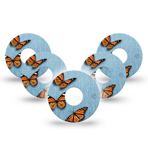 ExpressionMed Denim & Monarch Libre 3 Tape, 5-Pack, Butterflies on Denim Inspired, CGM Adhesive Patch Design