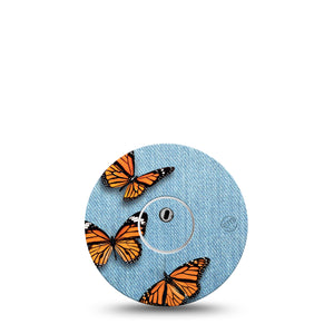 Denim & Monarch Libre 3 Transmitter Sticker, Single, Butterflies on Denim CGM Vinyl Sticker with Matching Libre 3 Overlay Patch 