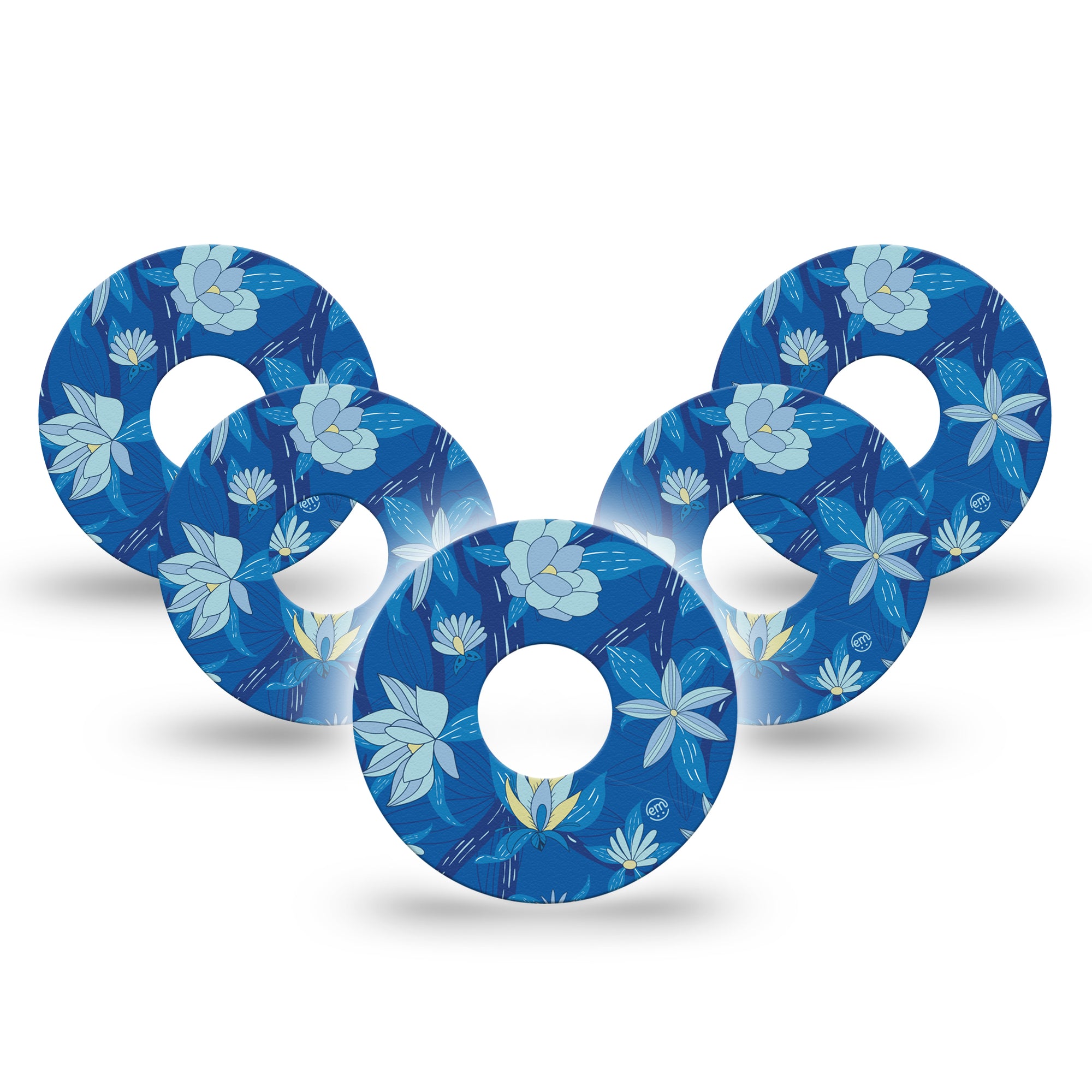 Bold Blue Flowers libre 3 Perfect Fit Patch, 5-Pack, Blue Floral Themed CGM Adhesive Tape Design