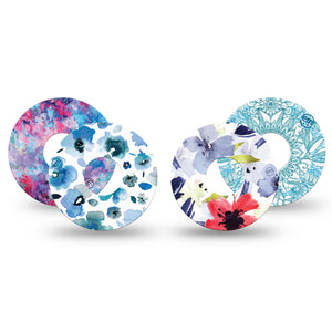Blue Blooms Variety Pack Libre 3 Tape,  4 - Pack, Blue Florals Inspired, CGM Fixing Ring Design