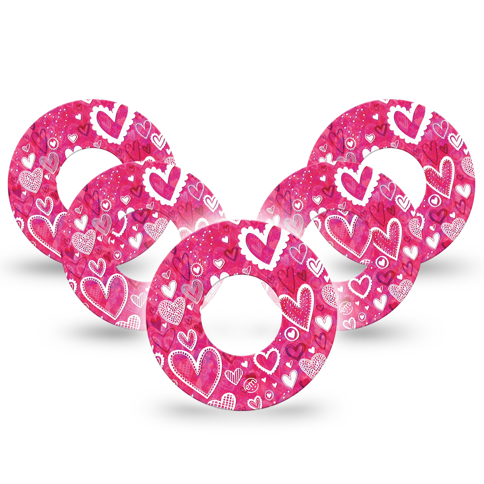 Whimsical Hearts Libre 2 Perfect Fit Adhesive Tape, 5-Pack, Pink Heart design Valentine Themed CGM Adhesive patch, Fixing Ring, Abbott Lingo