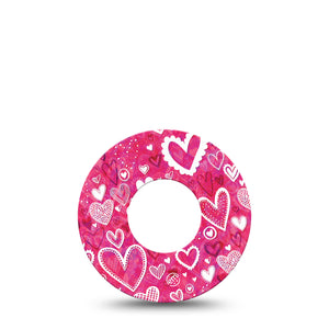 Whimsical Hearts Libre 2 Perfect Fit Adhesive Tape, Single, Pink Heart design Valentine Themed CGM Adhesive patch, Fixing Ring, Abbott Lingo