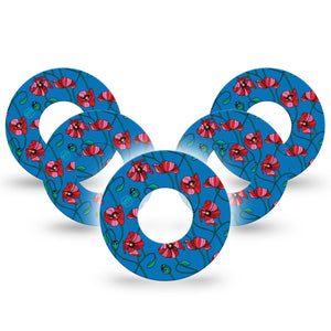 Art Deco Poppies Libre 2 Perfect Fit Adhesive Tape, 5-Pack, Red Floral CGM Patch Design, Waterproof fixing ring