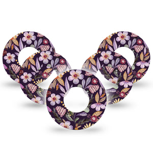 Moody Blooms Libre 2 Perfect Fit Adhesive Tape, 5-Pack , Purple Floral Design, Waterproof CGM Adhesive Patch, Fixing ring