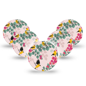Yellow Finch Libre 3 Overpatch, 5-Pack, Birds and Flowers Themed, CGM Adhesive Tape Design