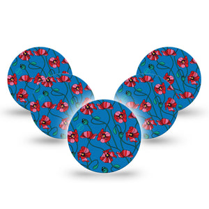 Art Deco Poppies Libre 3 Overpatch, 5-pack, Red and Pink Poppies Blue background Overpatch Adhesive Tape Design