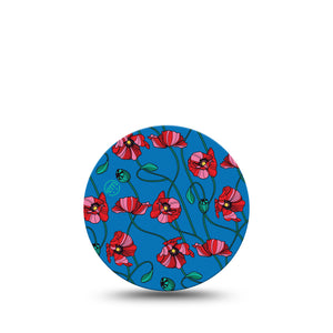 Art Deco Poppies Libre 3 Overpatch, Single, Red and Pink Poppies Blue background Overpatch Adhesive Tape Design