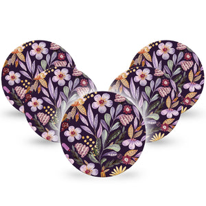 Moody Blooms Libre 2 Perfect Fit Adhesive Tape, 5-Pack, Purple Floral Design, Waterproof CGM Adhesive Patch