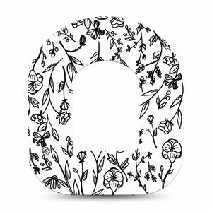 Custom Black and White Floral Pod Tape, Single, Black Outlined Florals Design Omnipod Overlay Patch