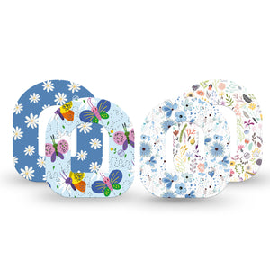 Blossoming Variety Pack Pod Tape, 4-Pack Variety, Light Blue Florals and Butterflies Inspired Omnipod Patches