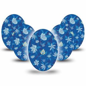 Medtronic Enlite / Guardian Bold Blue Flowers Universal Oval Patch, 5-Pack, Blue Floral CGM tape design