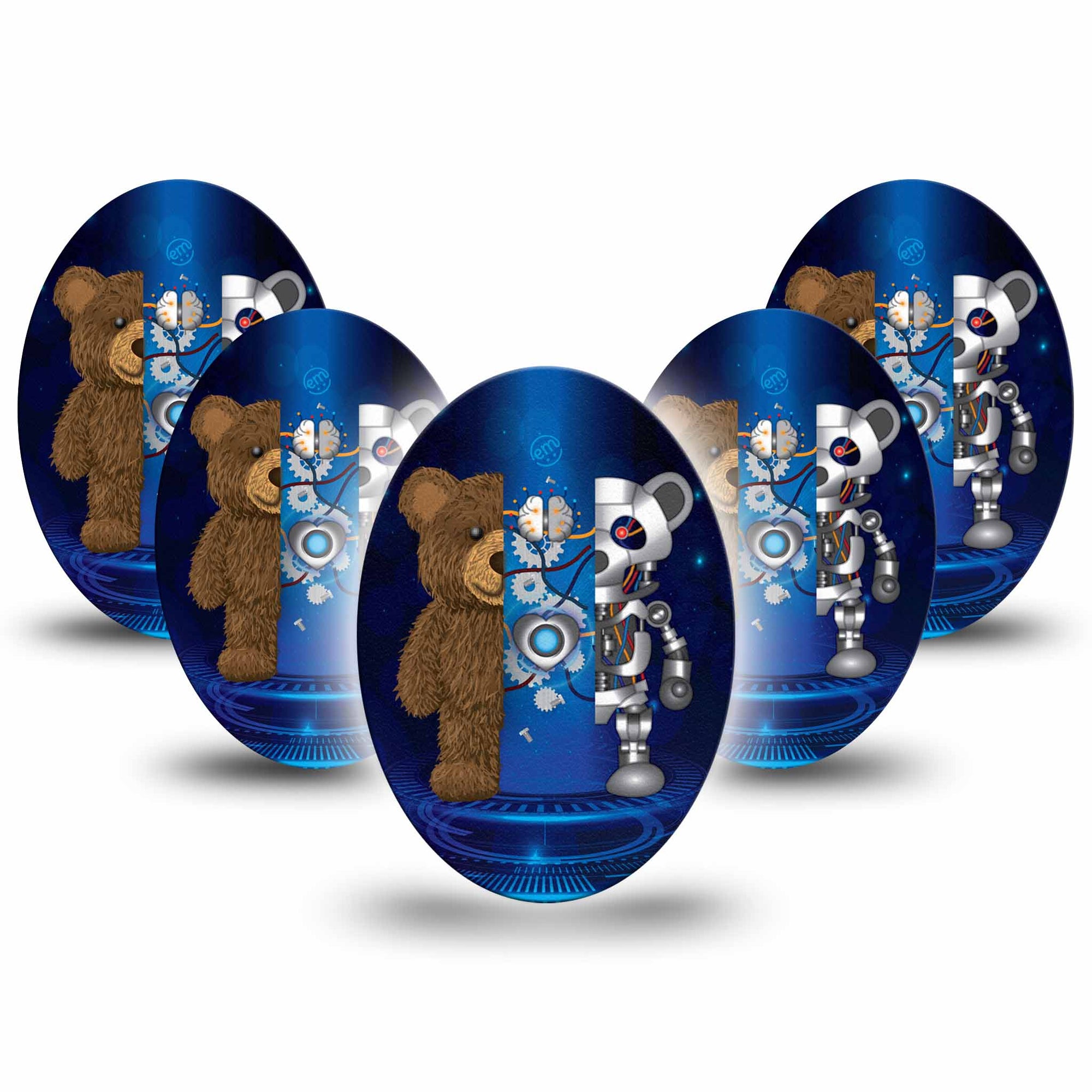 Medtronic Enlite / Guardian ExpressionMed Robo Teddy Universal Oval Patch, 5-Pack, Half Teddy Bear, Half Teddy Robot CGM Adhesive Tape Design