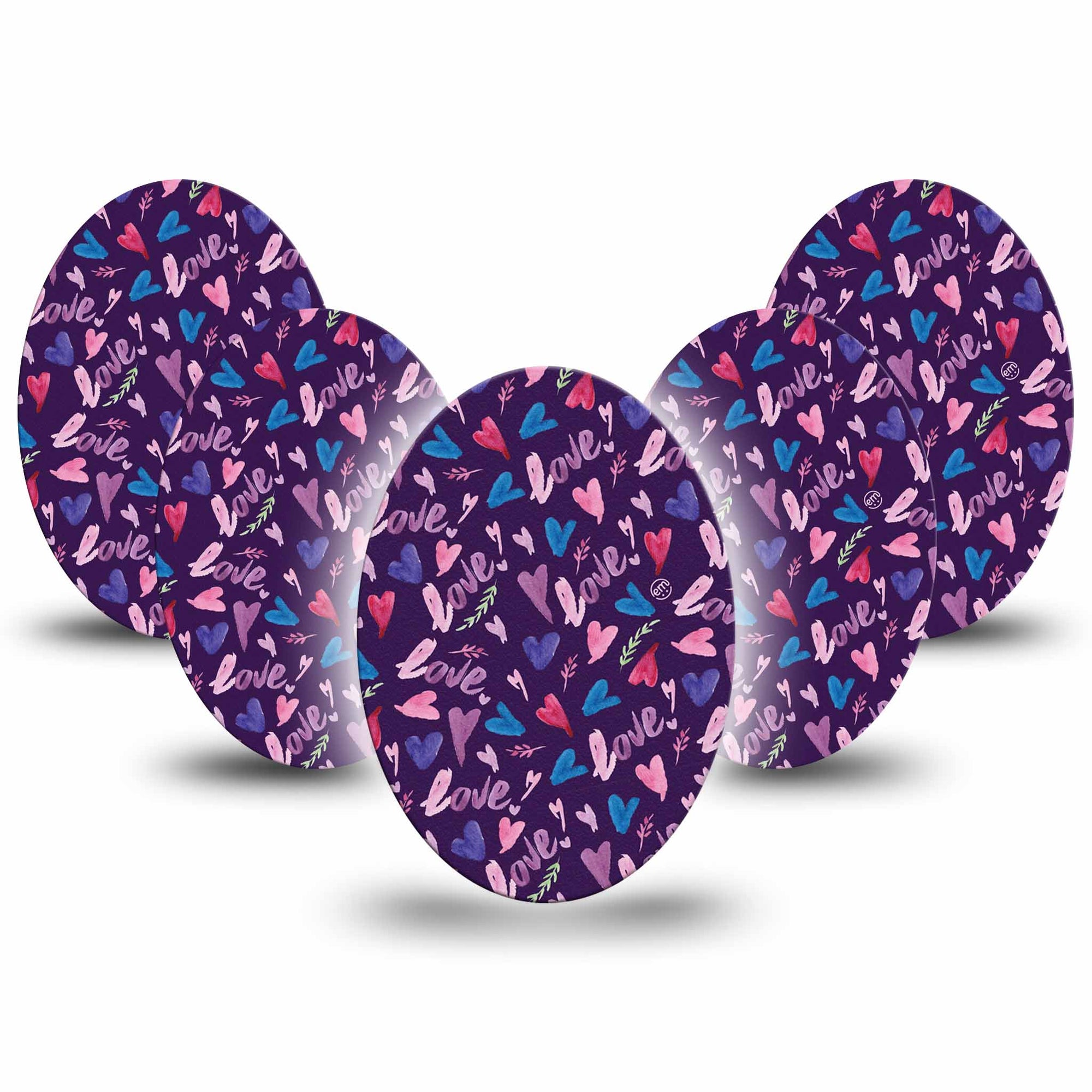 Medtronic Enlite / Guardian Watercolor Love Universal Oval Adhesive Tape, 5-Pack, Valentine's Day Theme Design, Heart and Love 