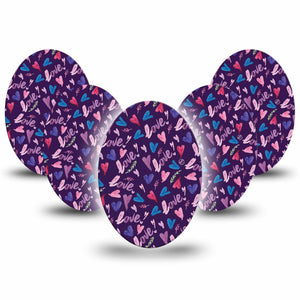 Medtronic Enlite / Guardian Watercolor Love Universal Oval Adhesive Tape, 5-Pack, Valentine's Day Theme Design, Heart and Love 