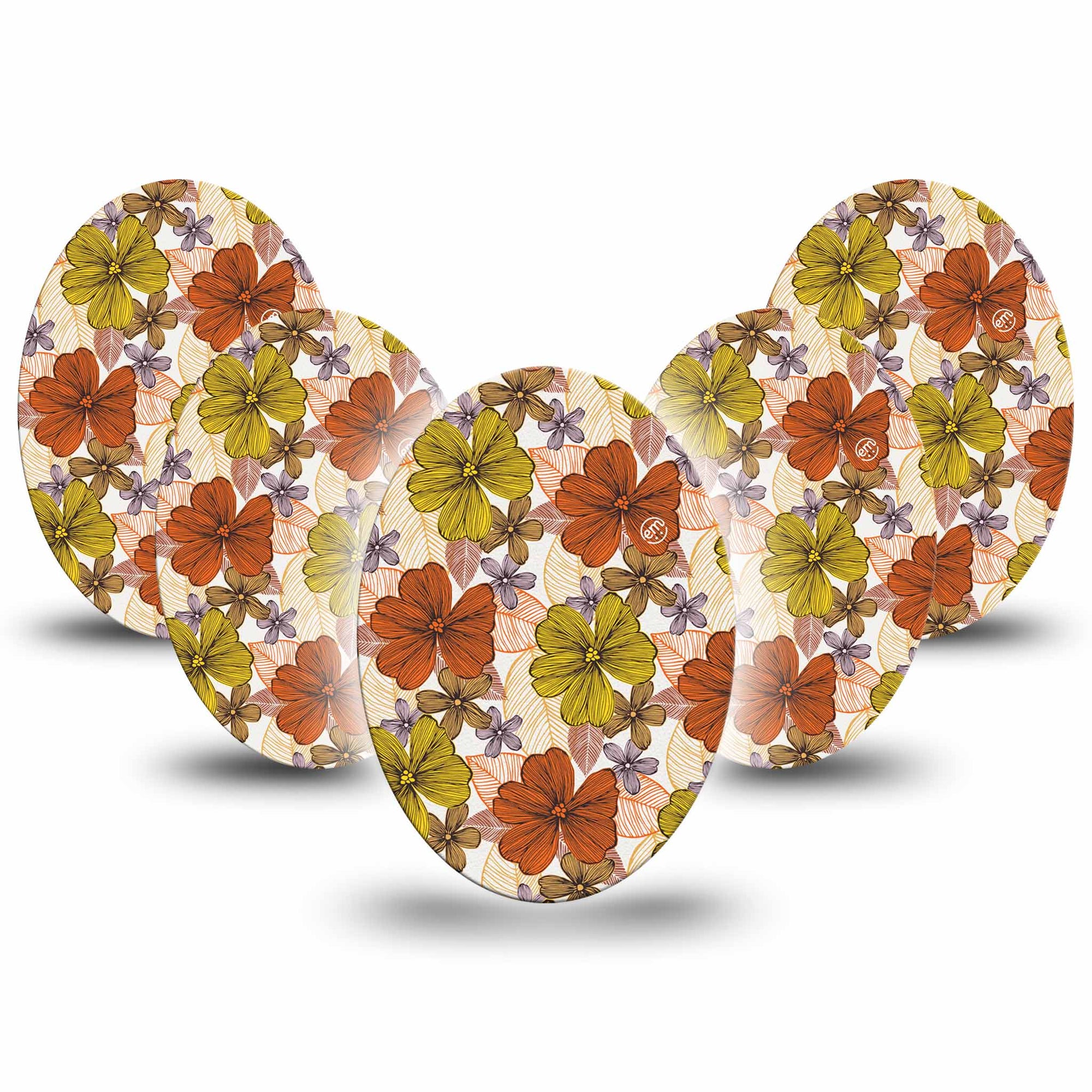 Medtronic Enlite / Guardian Burnt Orange Floral Universal Oval Adhesive, 5-Pack, Orange and Yellow Floral CGM Design