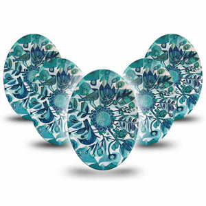 Medtronic Enlite / Guardian Sprouting Hope Universal Oval Patch, 5-Pack, Blue Green Floral CGM Adhesive Tape
