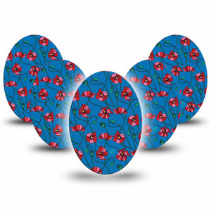 Art Deco Poppies Oval Adhesive Tape, 5-Pack, Red Floral CGM Patch Design