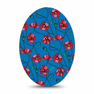 Art Deco Poppies Oval Adhesive Tape, Single, Red Floral CGM Patch Design