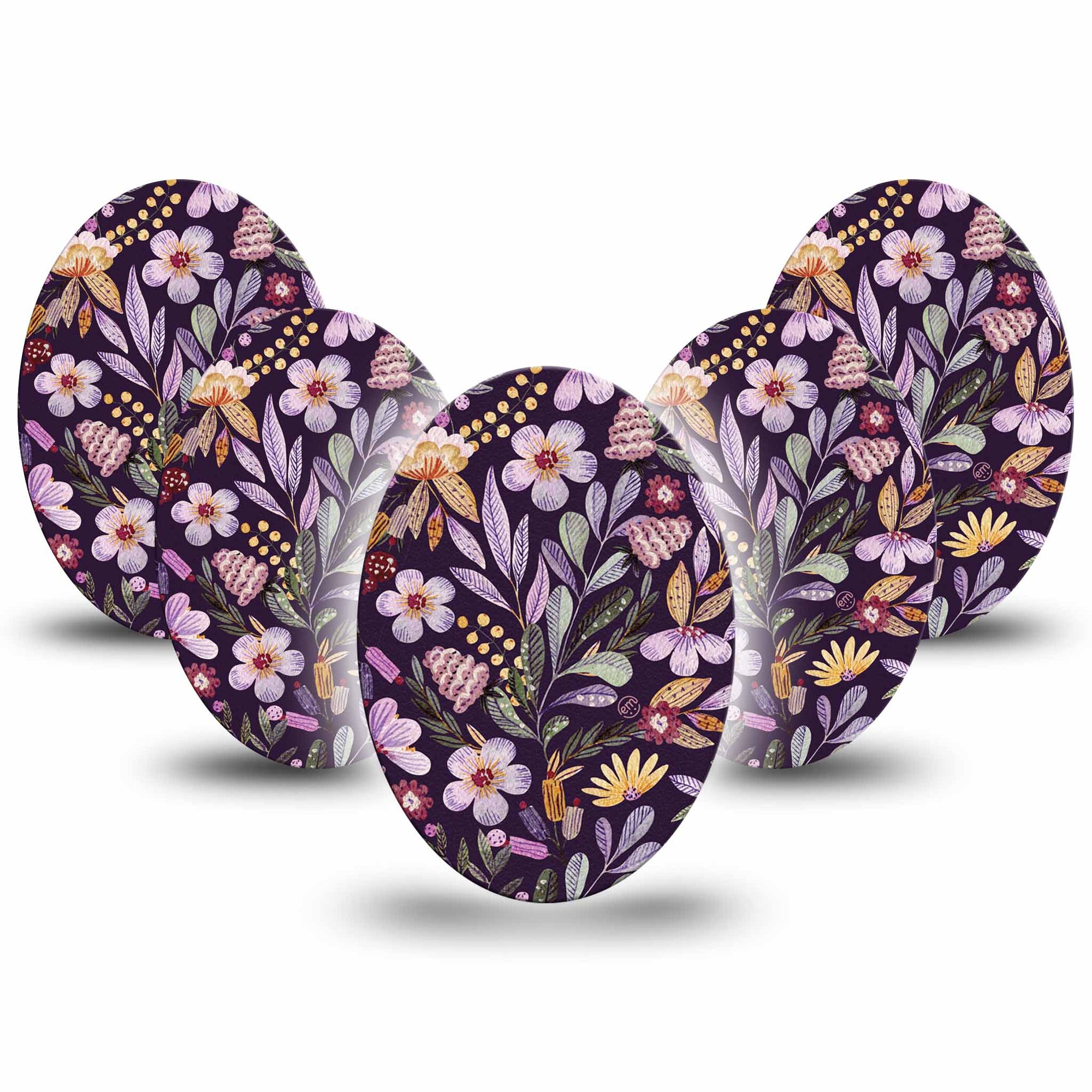 Medtronic Enlite / Guardian ExpressionMed Moody Blooms Universal Oval Adhesive Tape, 5-Pack, Purple Floral Design, Waterproof CGM Adhesive Patch