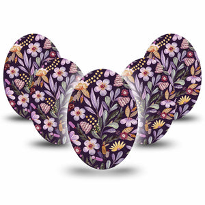 Moody Blooms Oval Adhesive Tape, 5-Pack, Purple Floral Design, Waterproof CGM Adhesive Patch
