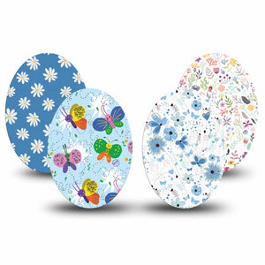 Medtronic Enlite / Guardian Blossoming Variety Pack Universal Oval Tape, 4-Pack, Baby-Blue Summer Flowers Themed, CGM Patch Design