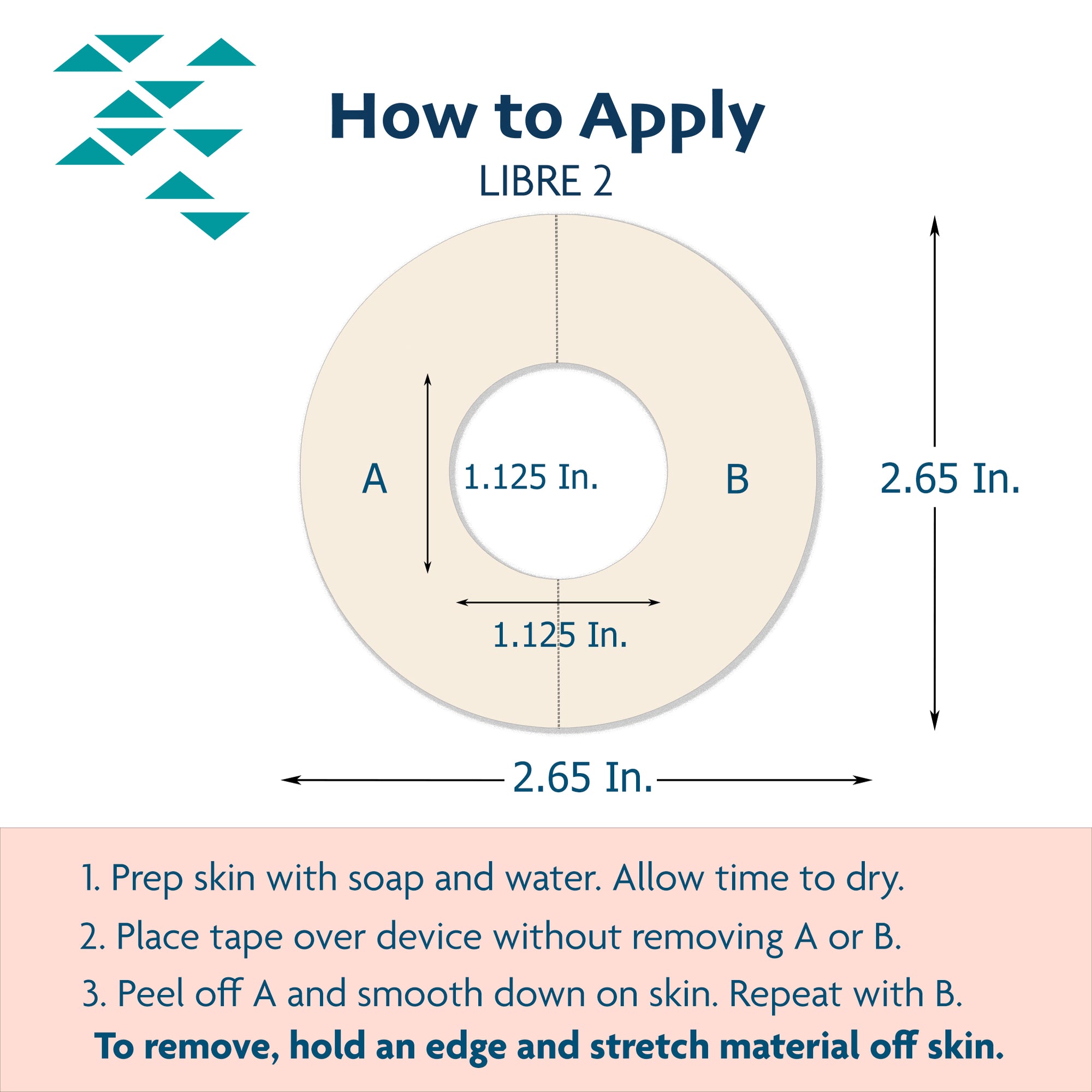 ExpressionMed Libre 2 Perfect Fit Adhesive Tape Application instructions and dimensions, Abbott Lingo