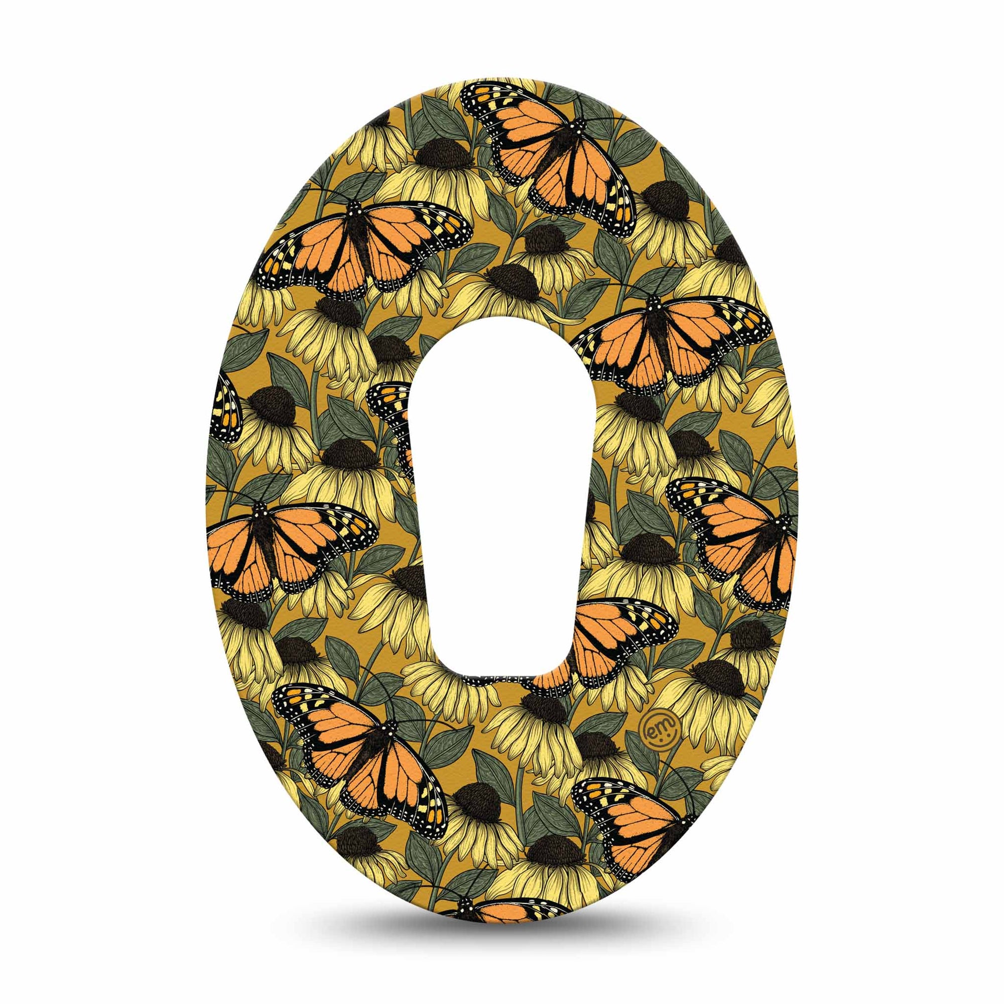 ExpressionMed Coneflowers & Monarchs Dexcom G6 Tape Orange butterflies over mustard colored florals, CGM Patch Design