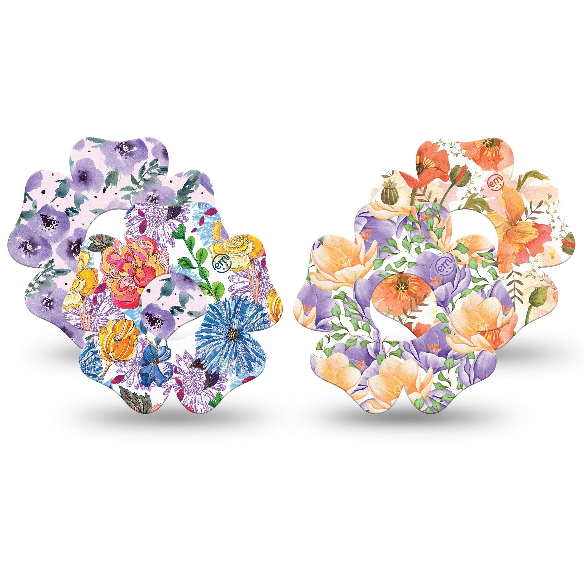 ExpressionMed Floral Magic Variety Pack Freestyle Libre 3 Flower Shape 4-Pack soft purple and orange florals Adhesive Tape CGM Design